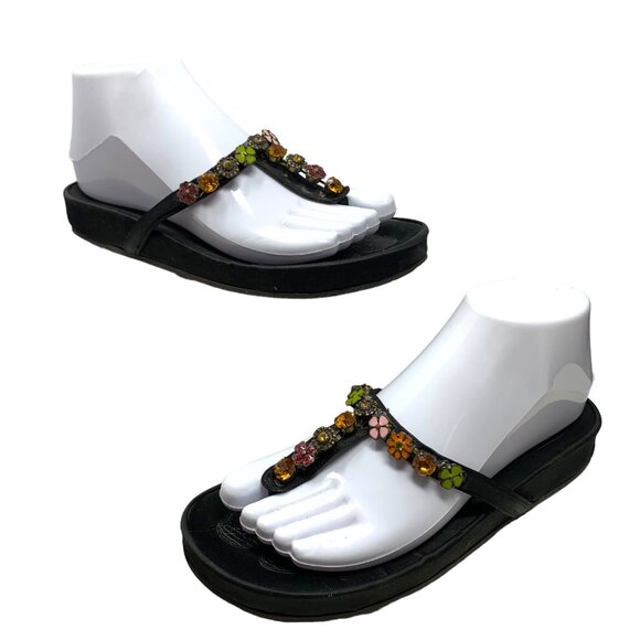 Albano Black Satin Leather Bejeweled Toe Post‎ Sandals - Picture 8 of 11